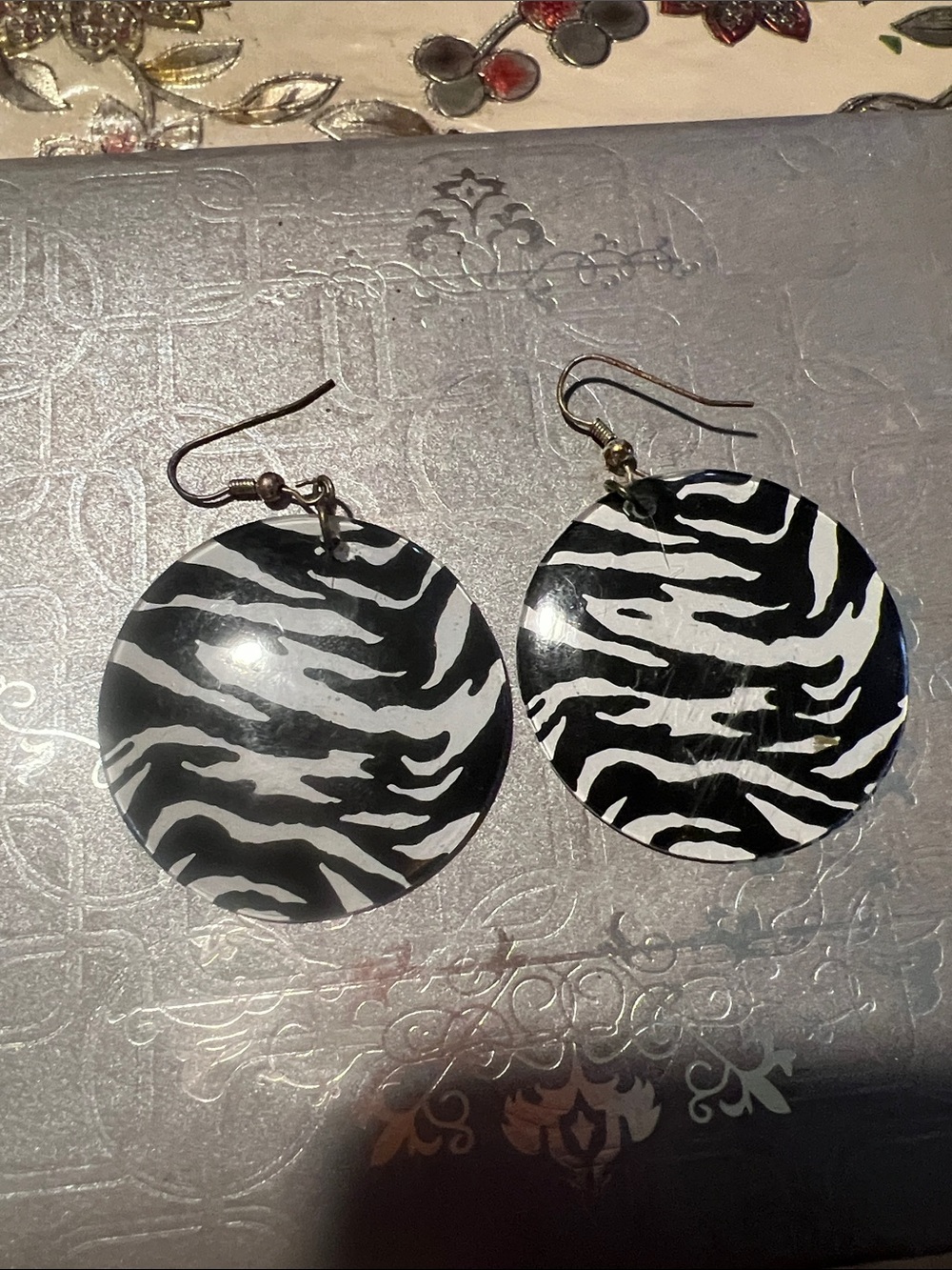 Zebra Print Round Dangle Earrings - Black & White